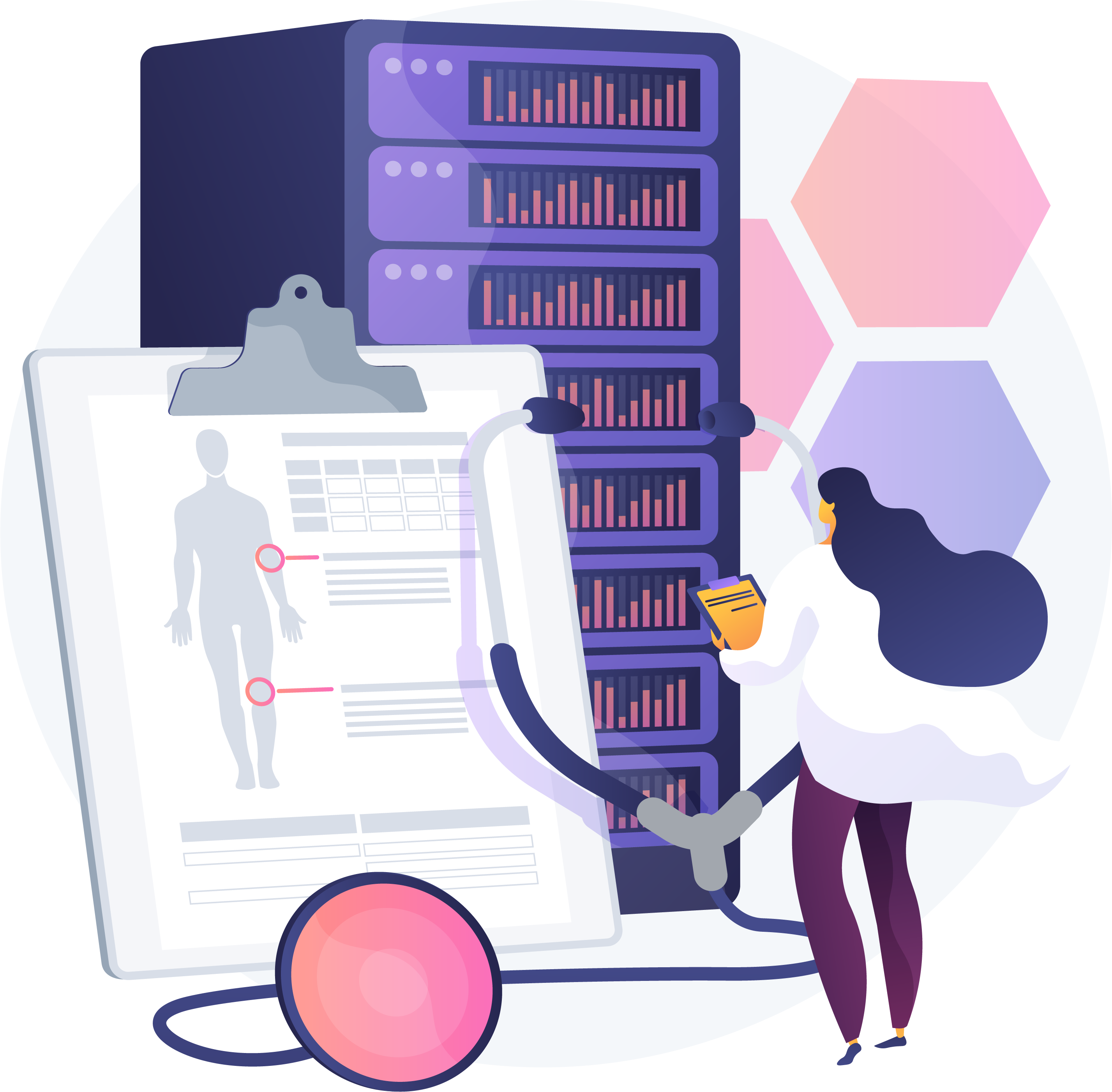 Doctor looking at data in a patient chart as well as in multiple servers.