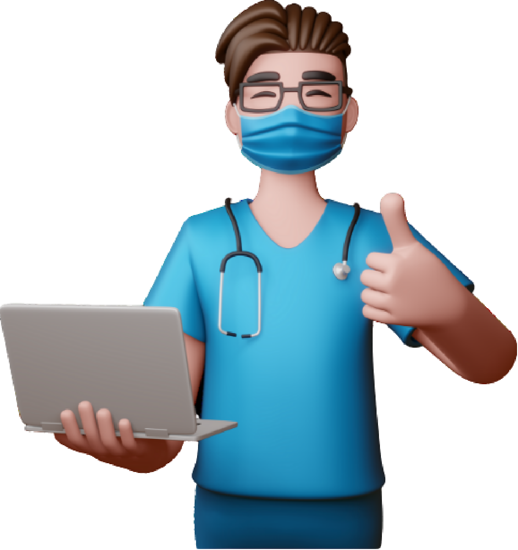 Doctor having a laptop on one hand and a thumbs-up on the other.